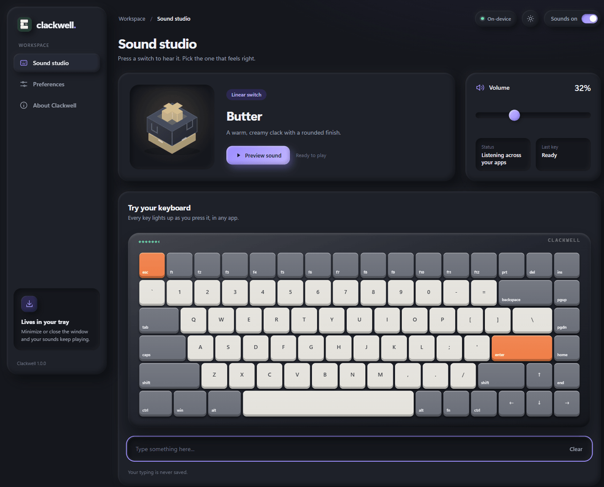 The Clackwell sound studio in dark mode, showing the Butter switch, a volume slider and the live keyboard.